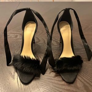 Alexandre Birman Black Fur Satin Sandals Ankle Tie 38
